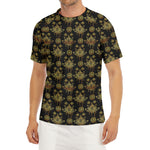 Black And Gold Lotus Flower Print Men's Short Sleeve Rash Guard