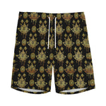 Black And Gold Lotus Flower Print Men's Sports Shorts