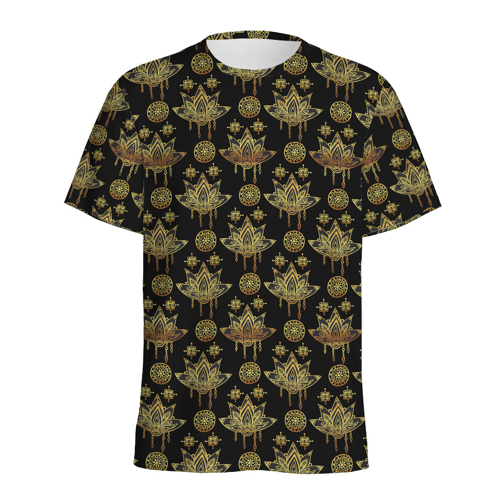 Black And Gold Lotus Flower Print Men's Sports T-Shirt