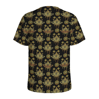 Black And Gold Lotus Flower Print Men's Sports T-Shirt