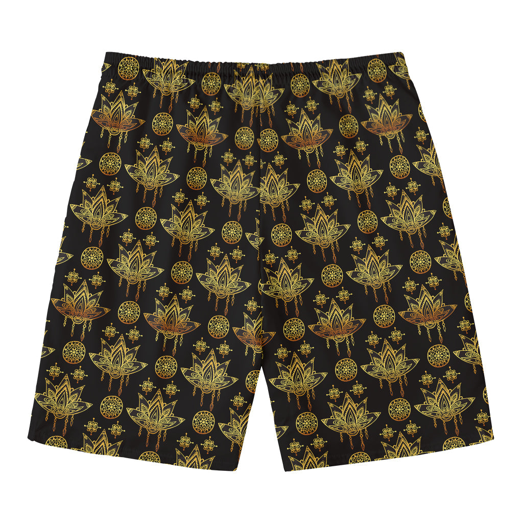 Black And Gold Lotus Flower Print Men's Swim Trunks