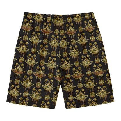 Black And Gold Lotus Flower Print Men's Swim Trunks