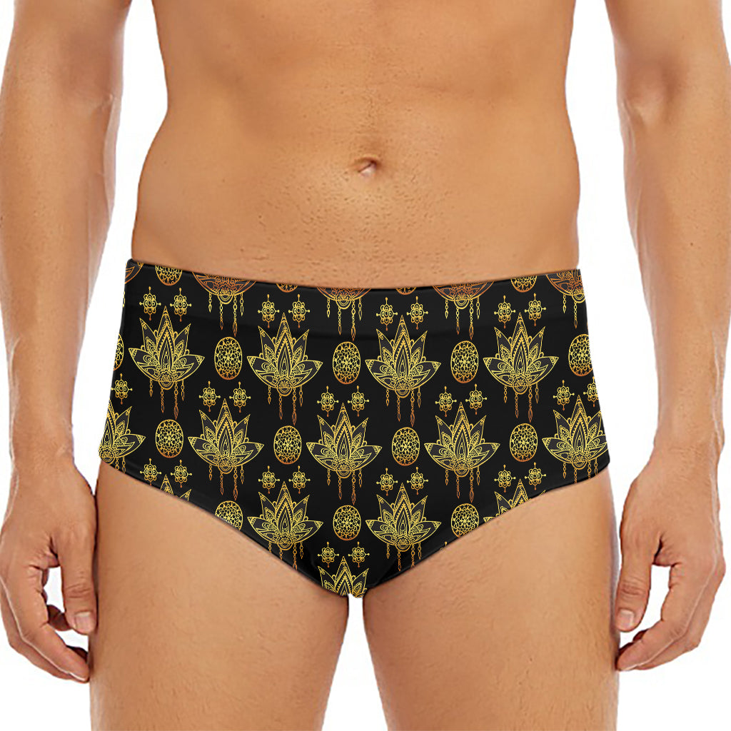 Black And Gold Lotus Flower Print Men's Triangle Swim Briefs