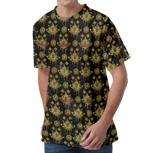 Black And Gold Lotus Flower Print Men's Velvet T-Shirt