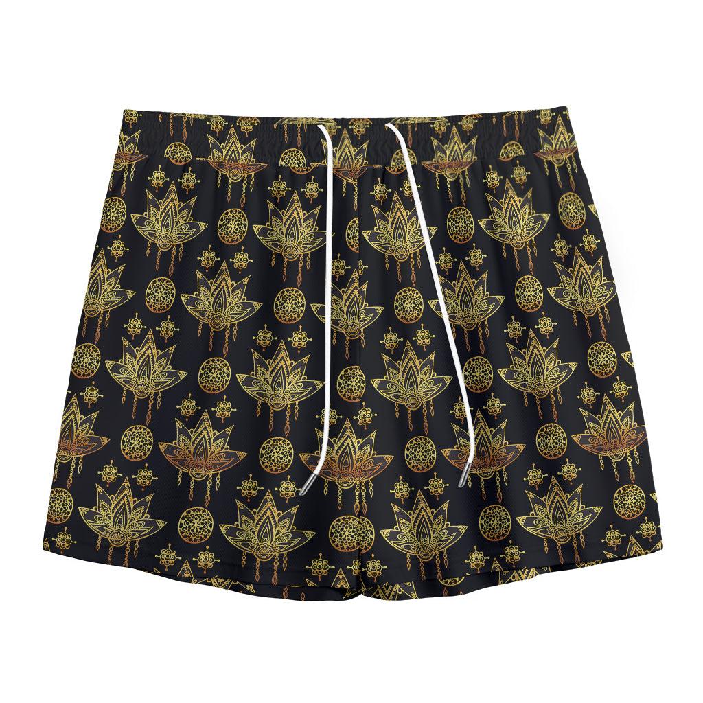 Black And Gold Lotus Flower Print Mesh Shorts