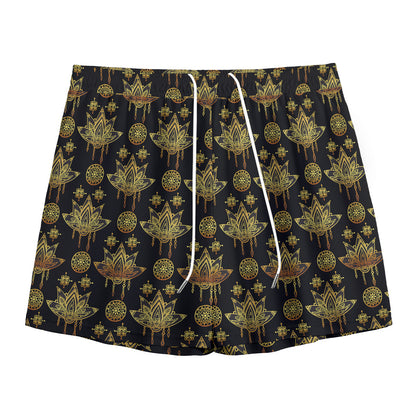 Black And Gold Lotus Flower Print Mesh Shorts