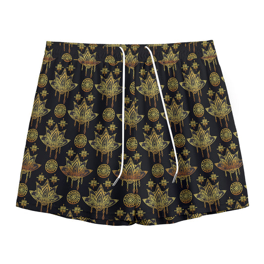 Black And Gold Lotus Flower Print Mesh Shorts