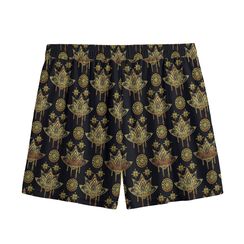 Black And Gold Lotus Flower Print Mesh Shorts