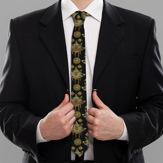 Black And Gold Lotus Flower Print Necktie
