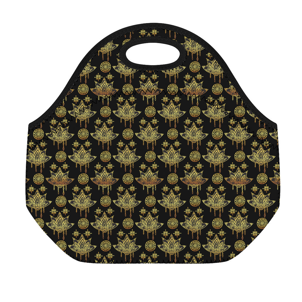 Black And Gold Lotus Flower Print Neoprene Lunch Bag