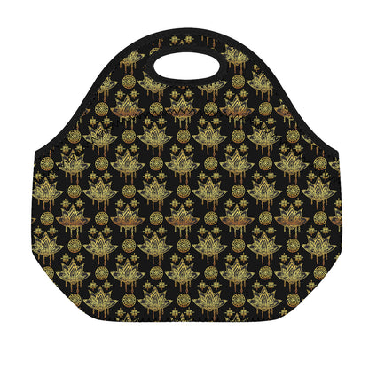 Black And Gold Lotus Flower Print Neoprene Lunch Bag