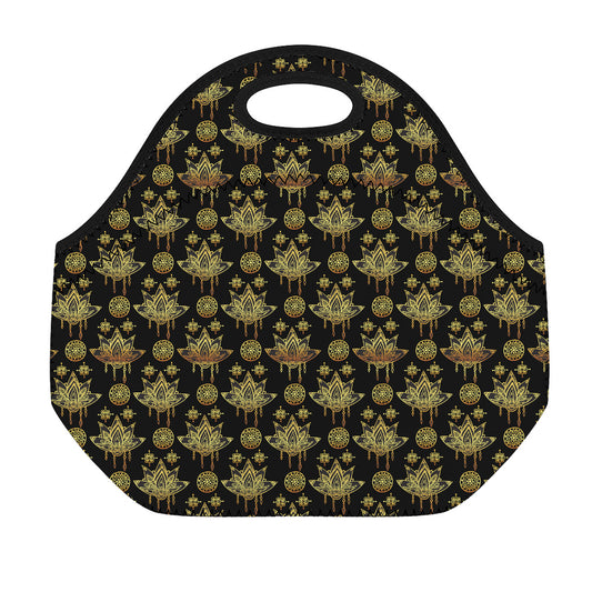 Black And Gold Lotus Flower Print Neoprene Lunch Bag