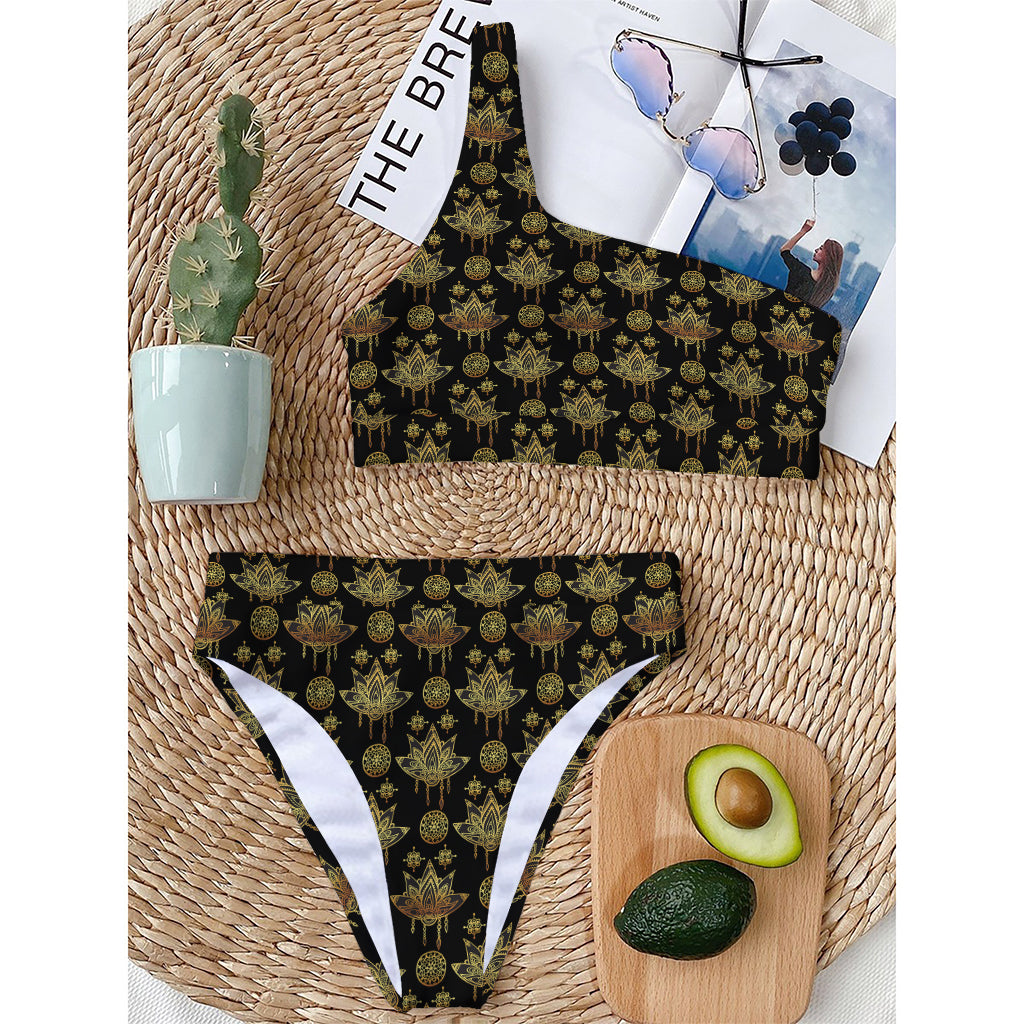 Black And Gold Lotus Flower Print One Shoulder Bikini Top
