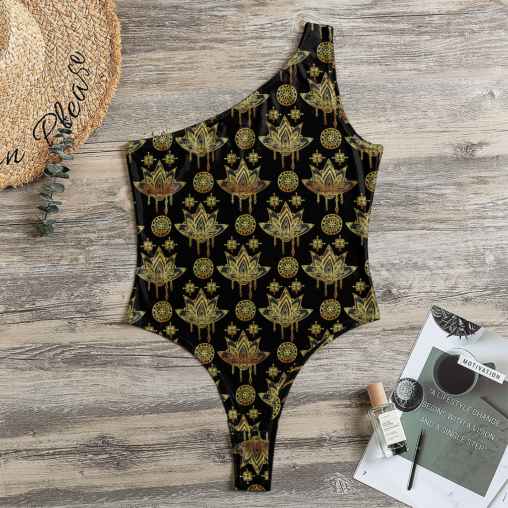 Black And Gold Lotus Flower Print One Shoulder Bodysuit