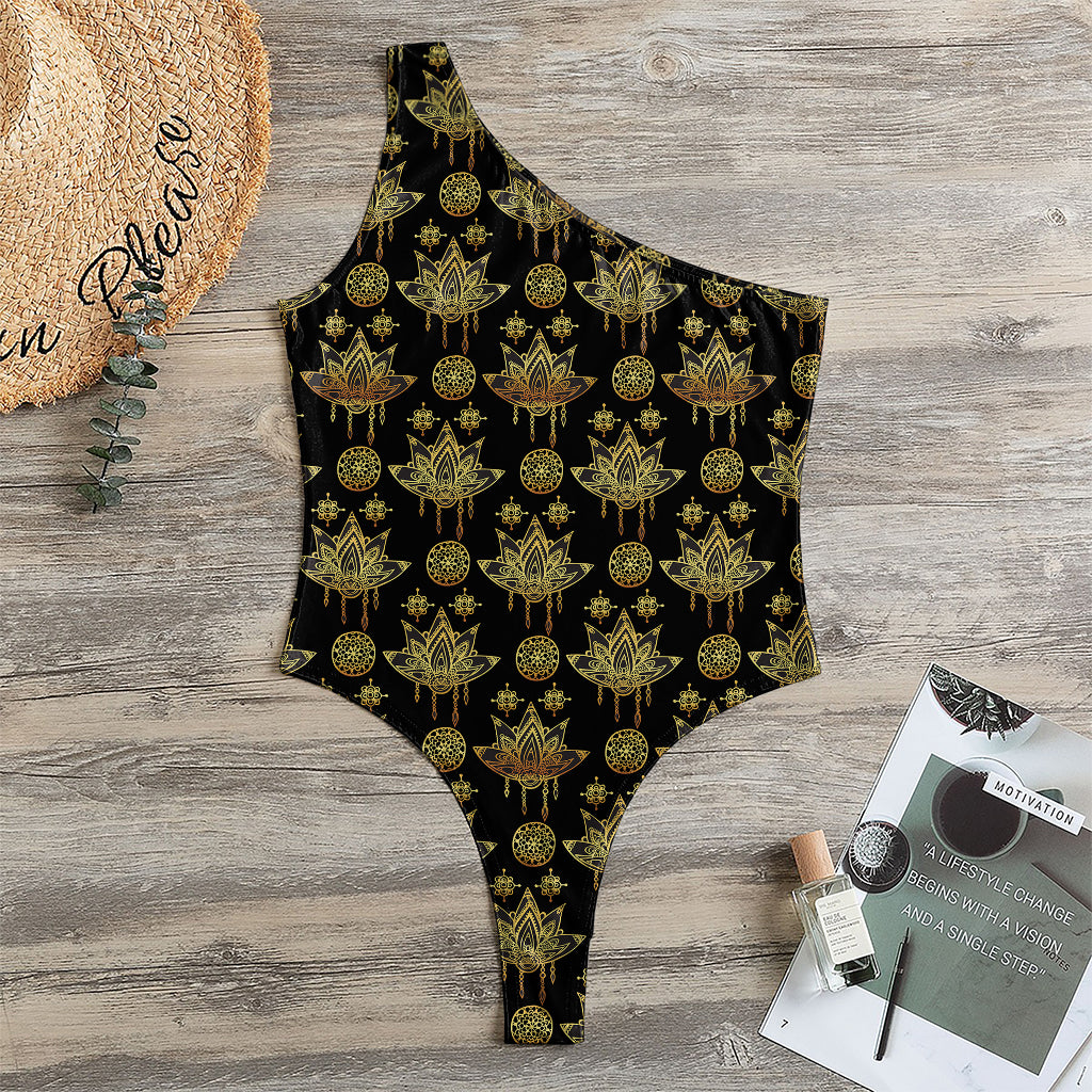 Black And Gold Lotus Flower Print One Shoulder Bodysuit