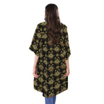 Black And Gold Lotus Flower Print Open Front Beach Cover Up