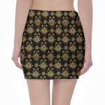 Black And Gold Lotus Flower Print Pencil Mini Skirt