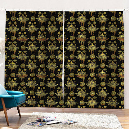 Black And Gold Lotus Flower Print Pencil Pleat Curtains