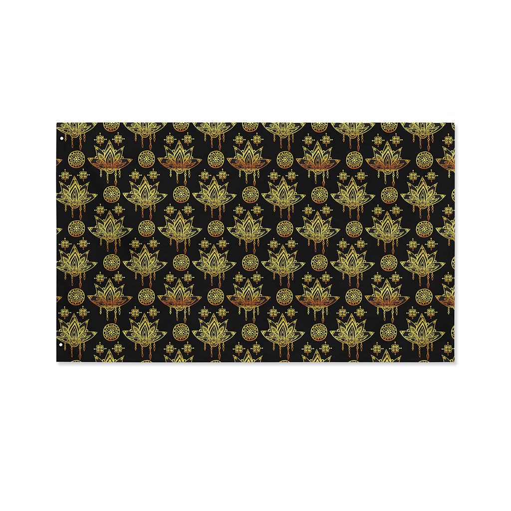 Black And Gold Lotus Flower Print Polyester Flag