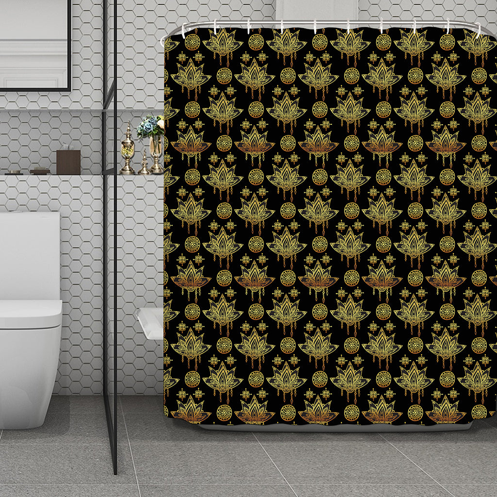 Black And Gold Lotus Flower Print Polyester Shower Curtain