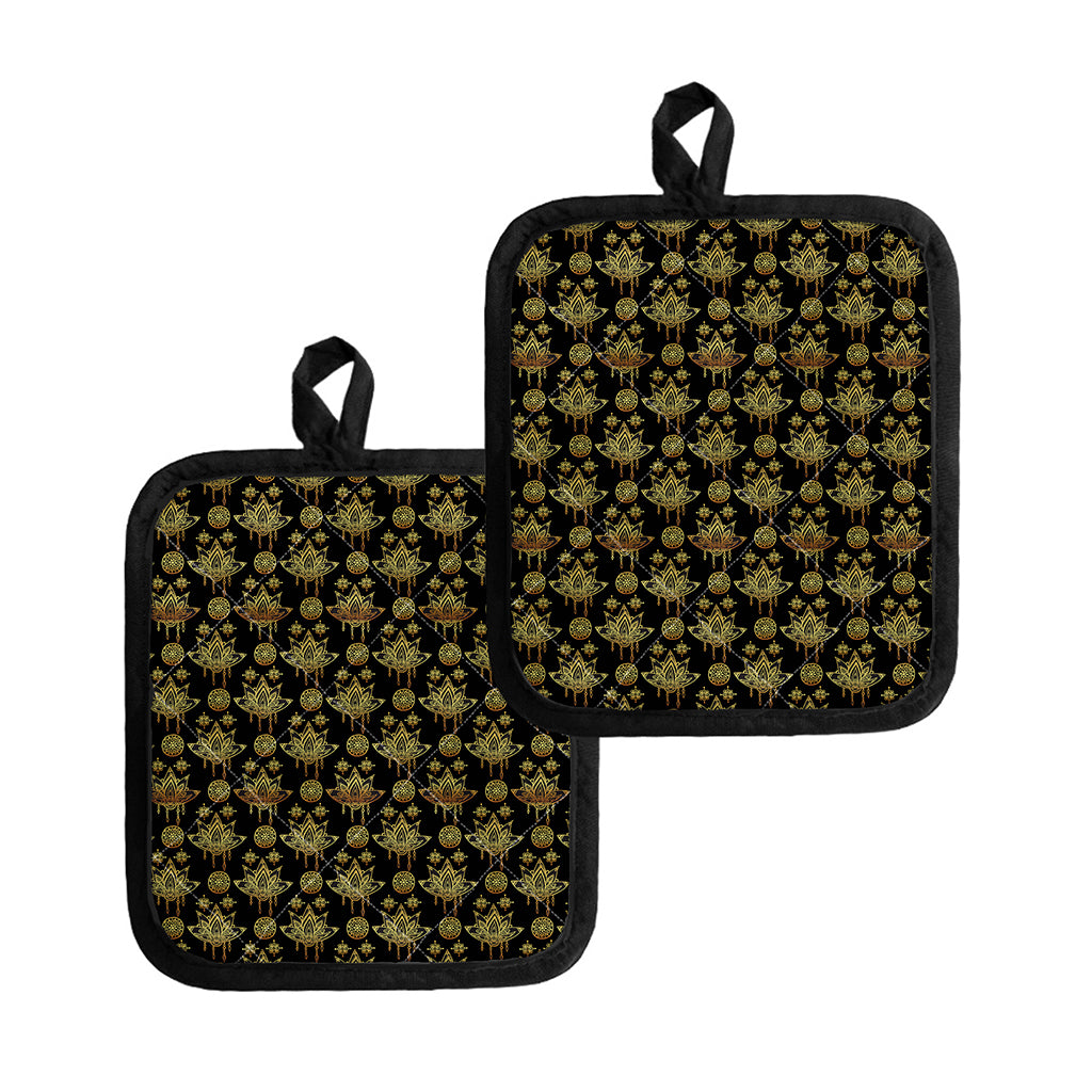 Black And Gold Lotus Flower Print Pot Holders