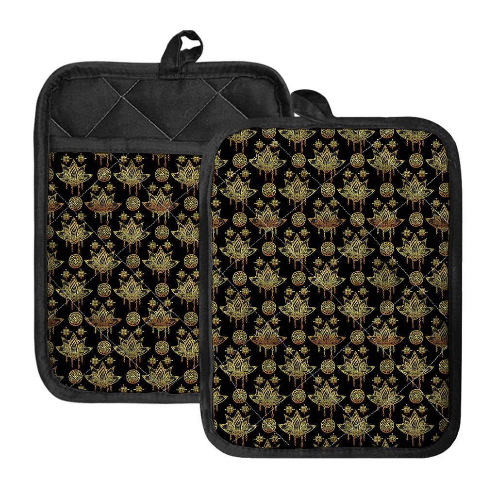 Black And Gold Lotus Flower Print Pot Holders With Pocket