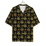 Black And Gold Lotus Flower Print Rayon Hawaiian Shirt