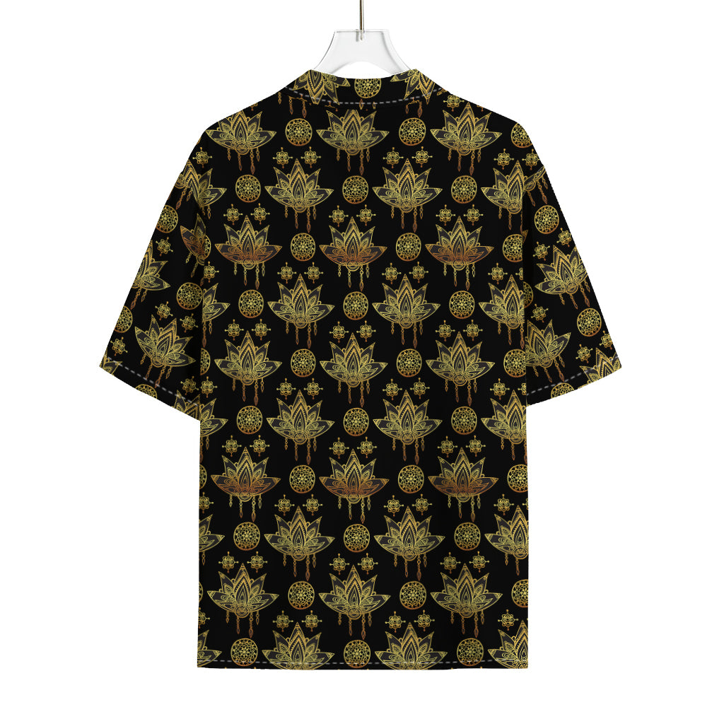 Black And Gold Lotus Flower Print Rayon Hawaiian Shirt