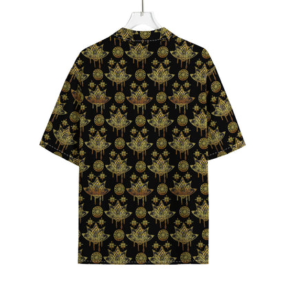 Black And Gold Lotus Flower Print Rayon Hawaiian Shirt