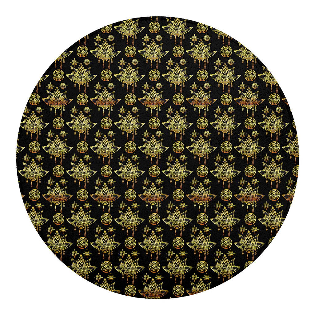 Black And Gold Lotus Flower Print Round Blanket