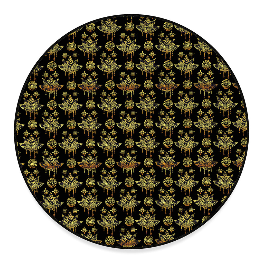 Black And Gold Lotus Flower Print Round Floor Mat