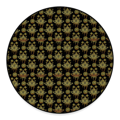Black And Gold Lotus Flower Print Round Floor Mat