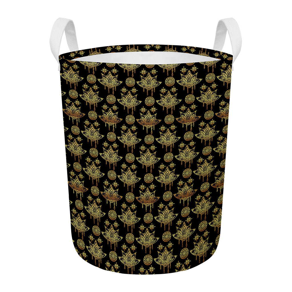 Black And Gold Lotus Flower Print Round Laundry Basket
