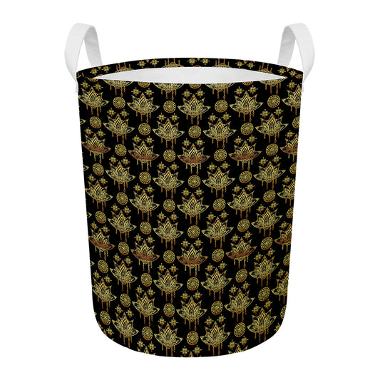 Black And Gold Lotus Flower Print Round Laundry Basket