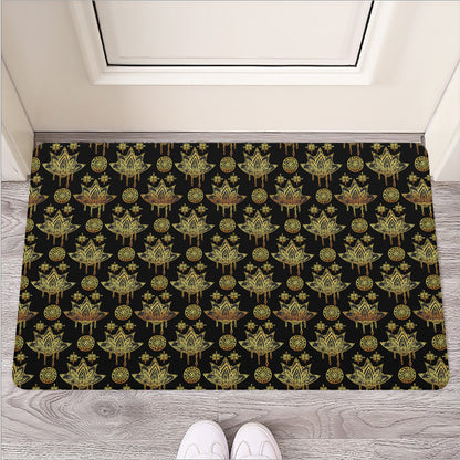 Black And Gold Lotus Flower Print Rubber Doormat