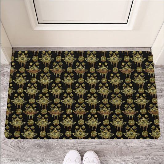 Black And Gold Lotus Flower Print Rubber Doormat