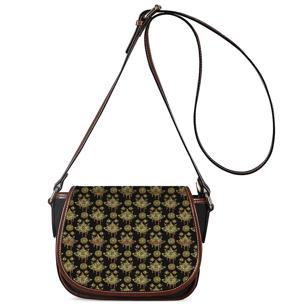 Black And Gold Lotus Flower Print Saddle Bag