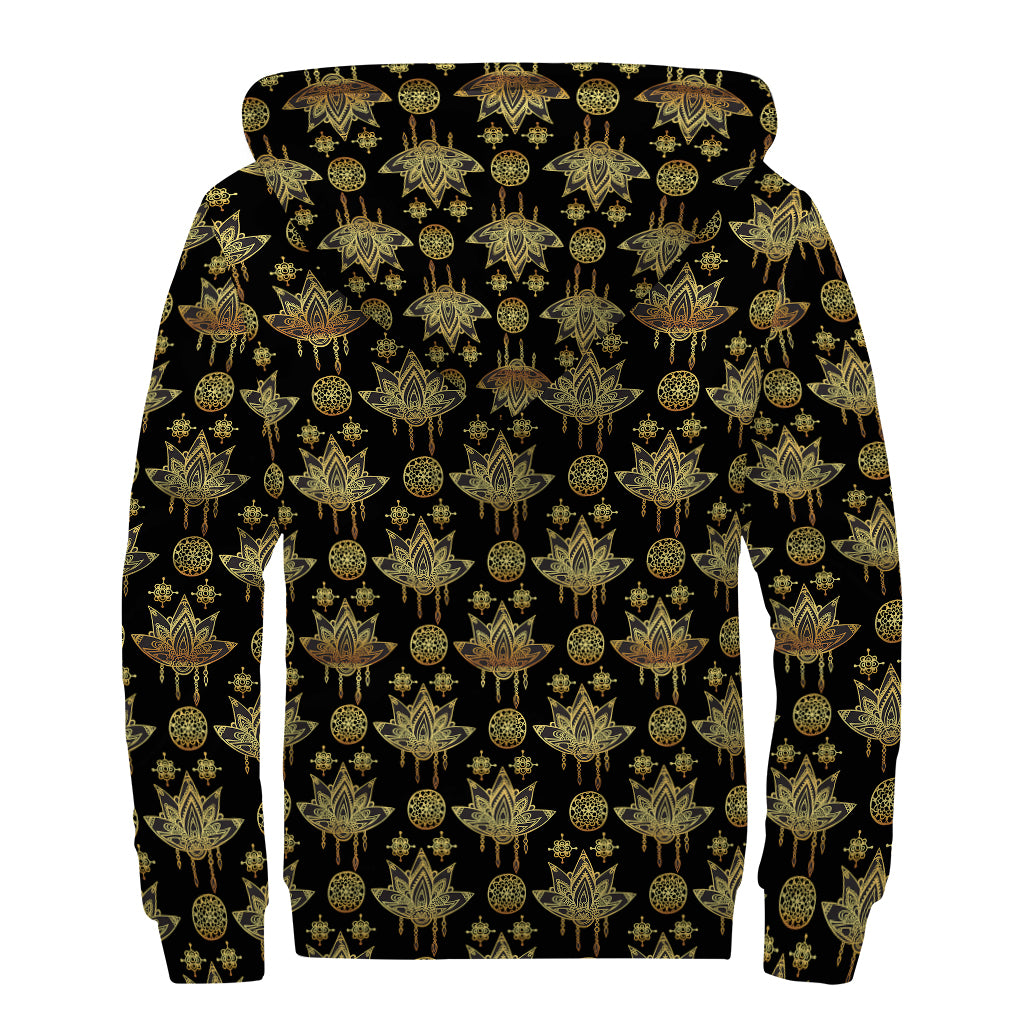 Black And Gold Lotus Flower Print Sherpa Lined Zip Up Hoodie