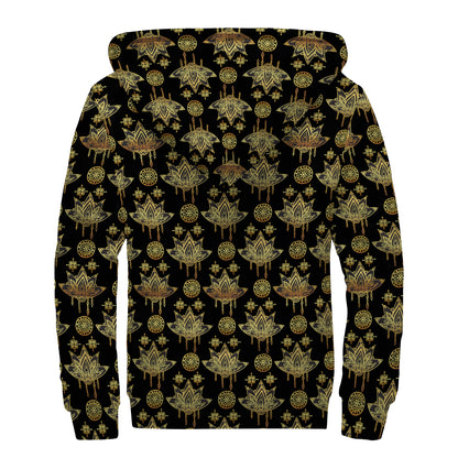 Black And Gold Lotus Flower Print Sherpa Lined Zip Up Hoodie
