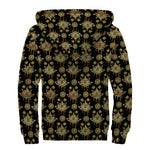 Black And Gold Lotus Flower Print Sherpa Lined Zip Up Hoodie