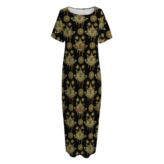 Black And Gold Lotus Flower Print Short Sleeve Long Nightdress