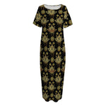 Black And Gold Lotus Flower Print Short Sleeve Long Nightdress