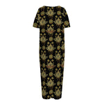 Black And Gold Lotus Flower Print Short Sleeve Long Nightdress