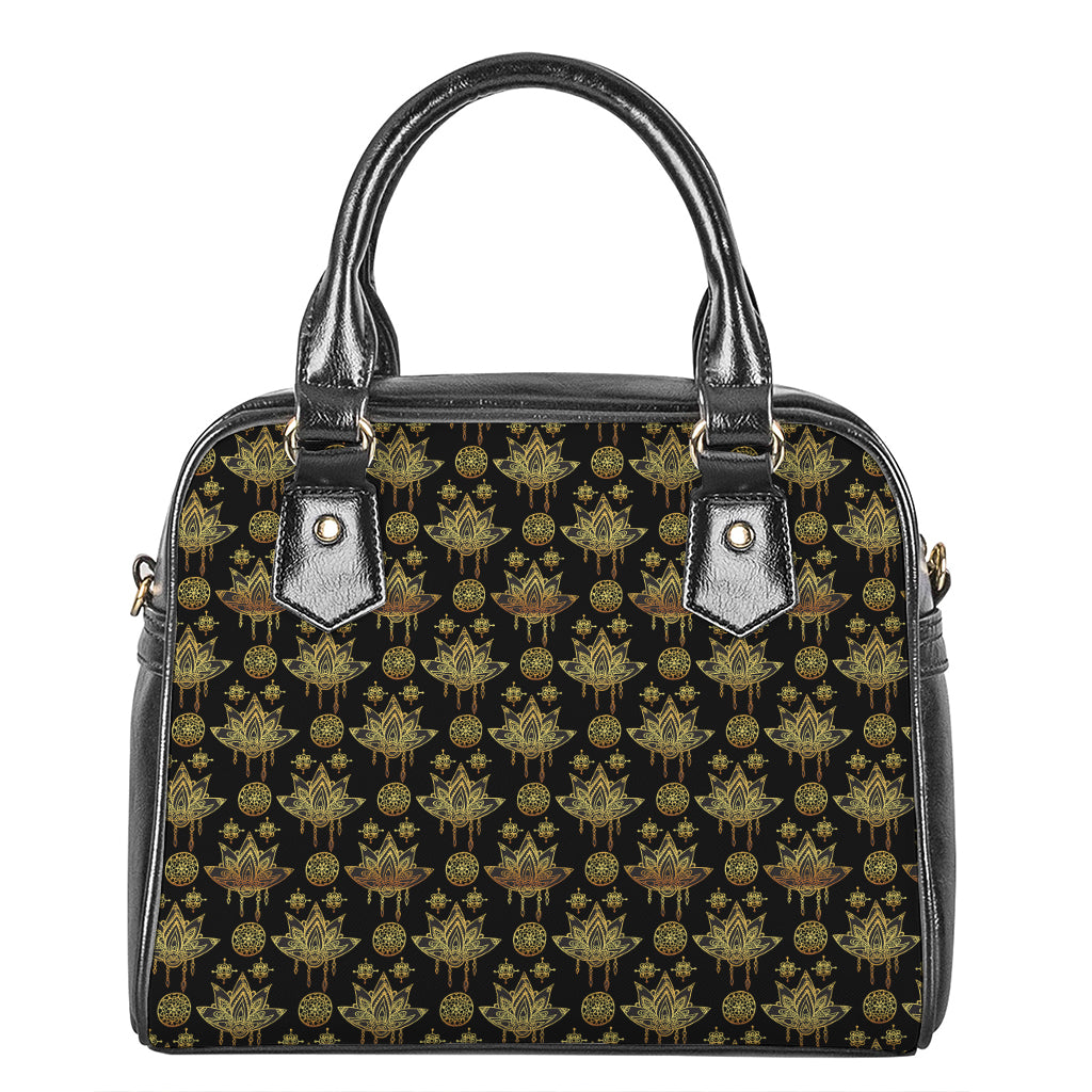 Black And Gold Lotus Flower Print Shoulder Handbag