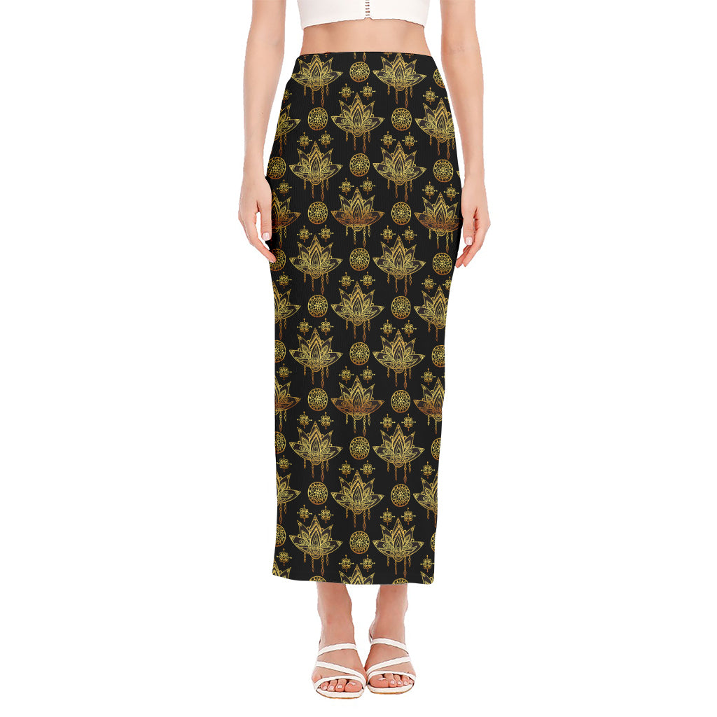 Black And Gold Lotus Flower Print Side Slit Maxi Skirt