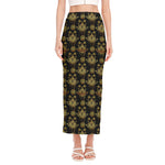 Black And Gold Lotus Flower Print Side Slit Maxi Skirt