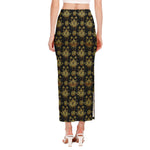 Black And Gold Lotus Flower Print Side Slit Maxi Skirt