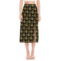 Black And Gold Lotus Flower Print Side Slit Midi Skirt