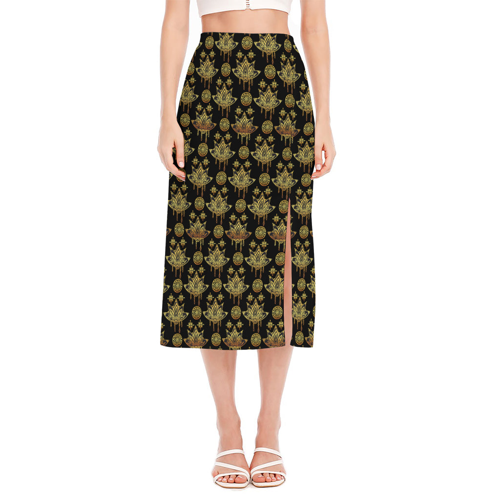 Black And Gold Lotus Flower Print Side Slit Midi Skirt