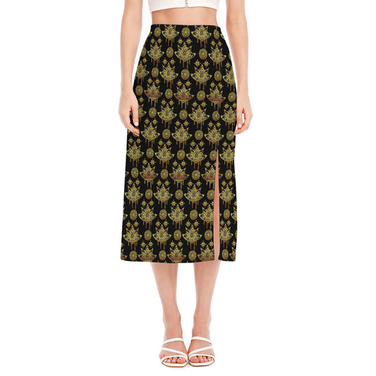 Black And Gold Lotus Flower Print Side Slit Midi Skirt